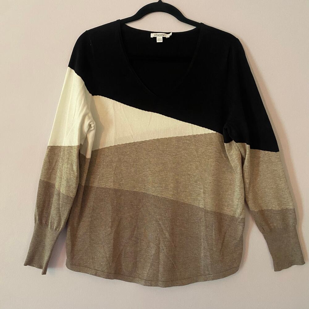 Chico's Black White Brown Geometric V-neck Sweater Minimalist Women's 1 / Medium